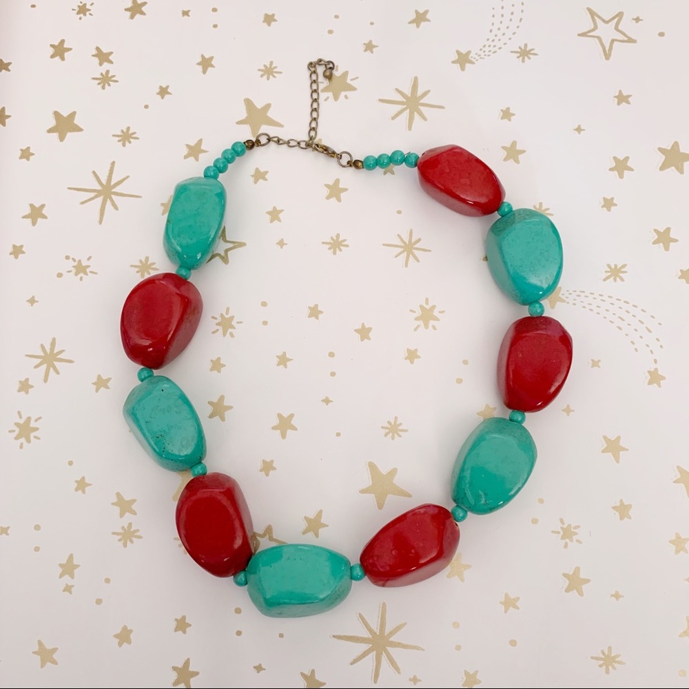 Chunky faux turquoise and red necklace